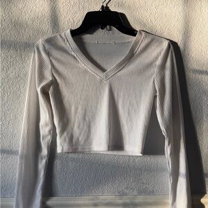 White Ribbed V Neck Long Sleeve Top
